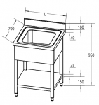 Spalator inox cu 1 cuva, dimensiune cuva 50x50x30cm, cu polița inferioară, 70x70x85cm, demontabil