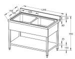 Spalator inox cu 2 cuve, dimensiune cuva 50x50x30cm, polița inferioară, 120x70x85cm